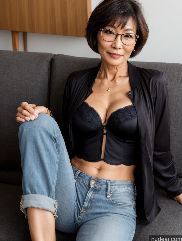 related ai porn images free for Milf Perfect Boobs Perfect Body Beautiful Glasses 60s Sexy Face Short Hair Japanese Couch Blouse Bra Casual Jacket Jeans Cleavage Dark Lighting Detailed