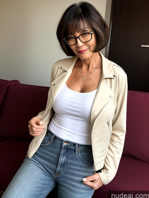 ai nude image of there is a woman wearing glasses and a white shirt posing for a picture pics of Milf Perfect Boobs Perfect Body Beautiful Glasses 60s Sexy Face Short Hair Couch Blouse Bra Casual Jacket Jeans Cleavage Dark Lighting Detailed Asian