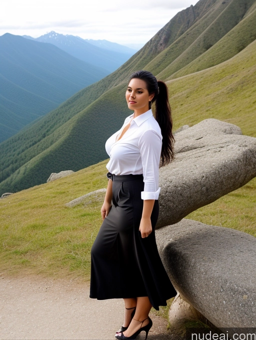 ai nude image of there is a woman standing on a rock in a skirt pics of Woman One Perfect Boobs Beautiful Big Ass Chubby Long Legs Perfect Body 30s Seductive Sexy Face Black Hair Ponytail Indian Mountains Polo Long Skirt Shirt Cleavage