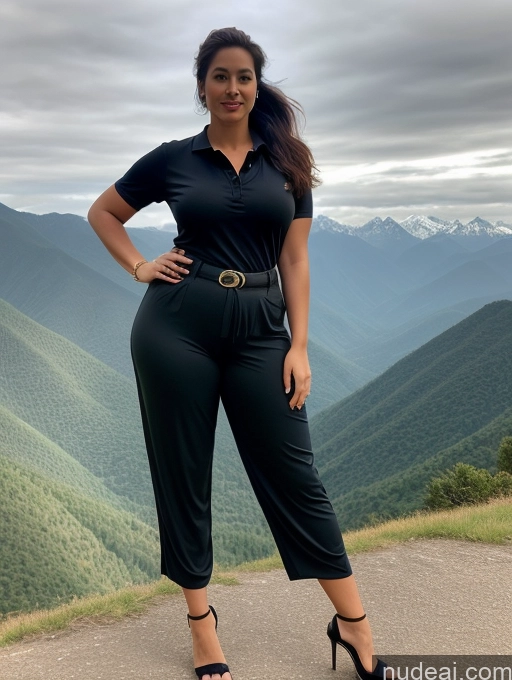 ai nude image of araffe woman in black shirt and pants standing on a mountain pics of Woman One Perfect Boobs Big Ass Chubby Long Legs Perfect Body 30s Seductive Sexy Face Black Hair Ponytail Indian Mountains Front View Polo Shirt Harem Pants Cleavage