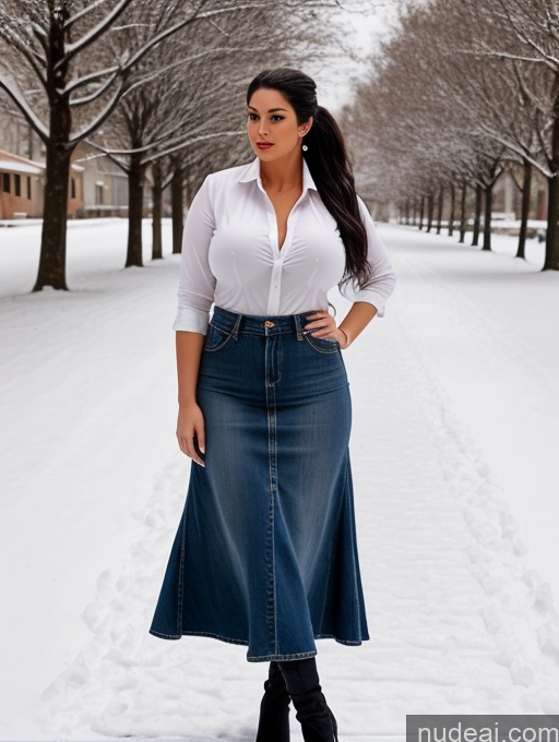 ai nude image of arafed woman in a white shirt and blue denim skirt standing in the snow pics of Woman One Perfect Boobs Big Ass Chubby Long Legs Perfect Body 30s Seductive Sexy Face Black Hair Ponytail Indian Front View Shirt Cleavage Jeans Long Skirt Snow