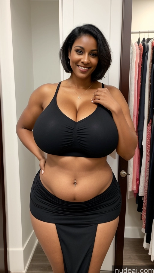 ai nude image of arafed woman in a black bikini posing in a closet pics of Milf Busty Beautiful Big Ass Big Hips Tall Dark Skin 50s Sexy Face Happy Black Hair Pixie Indian Front View T-pose Detailed Changing Room Huge Boobs Thick Tattoos Abs Crop Top Long Skirt