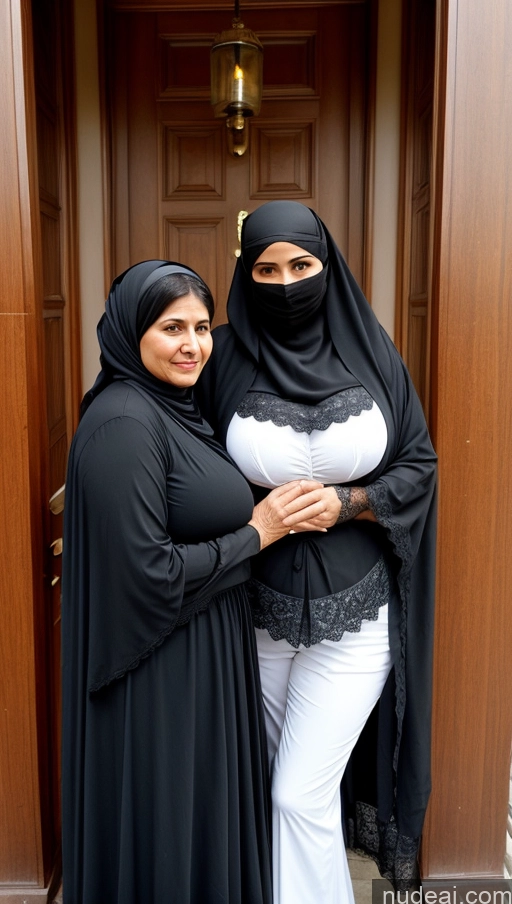 ai nude image of there are two women standing in front of a door wearing black pics of Huge Boobs Busty Skinny Big Hips Shocked Black Hair Detailed Turkish Front View Milf Long Legs 70s Simple Niqab Two Blouse Victorian