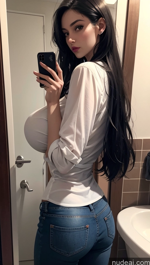 ai nude image of araffed woman taking a selfie in a bathroom mirror pics of Woman One Huge Boobs Skinny 18 Black Hair Long Hair White Mirror Selfie Bathroom Blouse Sexy Face Jeans Goth Front View