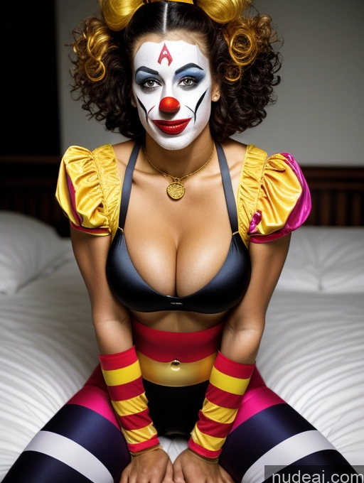 ai nude image of araffe clown makeup and costume sitting on a bed pics of Athlete Huge Boobs Beautiful 20s Film Photo Bedroom Front View On Back Clown Gold Jewelry Dark Lighting Sexy Face Harlequin