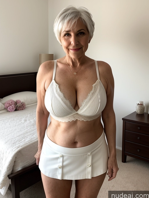 ai nude image of there is a woman in a white skirt and bra top posing for a picture pics of Milf Busty Small Ass Skinny Pubic Hair 70s White Hair Pixie Bedroom Crop Top Micro Skirt Cleavage