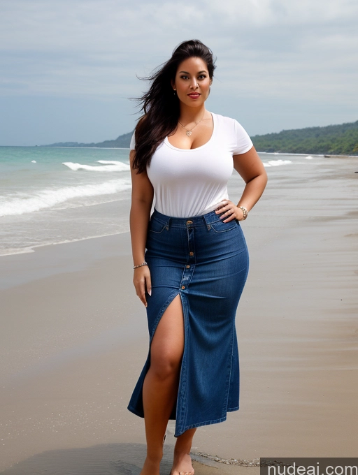 ai nude image of arafed woman in a white shirt and blue skirt on a beach pics of Woman One Perfect Boobs Big Ass Chubby Long Legs Perfect Body 30s Seductive Sexy Face Black Hair Ponytail Indian Front View Shirt Cleavage Jeans Long Skirt Beach