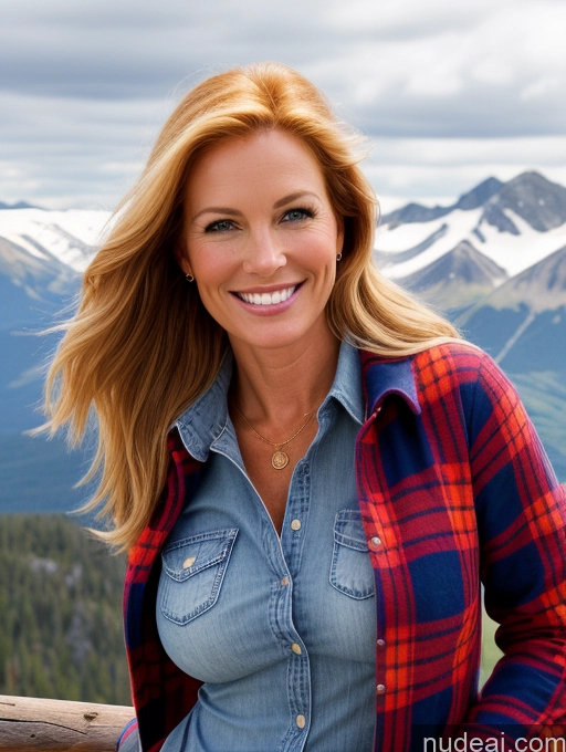 ai nude image of smiling woman in plaid shirt standing on a wooden fence with mountains in the background pics of Model One Perfect Boobs 40s Happy Blonde Irish Mountains Front View Jeans Long Hair Lumberjack Jacket Cleavage