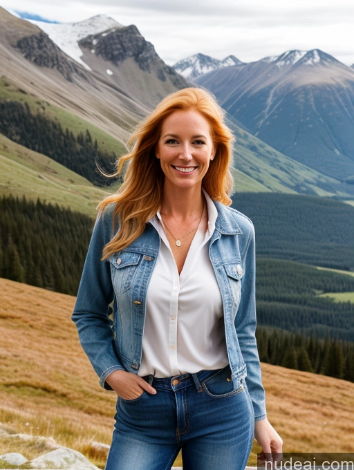 ai nude image of smiling woman in jeans standing on a fence overlooking a mountain range pics of Model One Perfect Boobs 40s Happy Blonde Irish Mountains Front View Jeans Long Hair Jacket Blouse