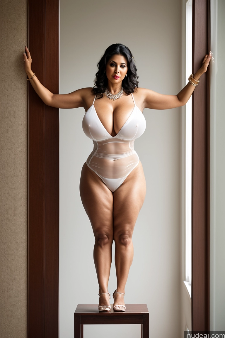 ai nude image of araffe woman in a white lingerie posing on a stool pics of Huge Boobs Thick Big Hips Long Legs Skinny Simple Milf Black Hair Pouting Lips Jewelry Busty Big Ass 60s Indian Wedding Back View High Heels Fat Transparent