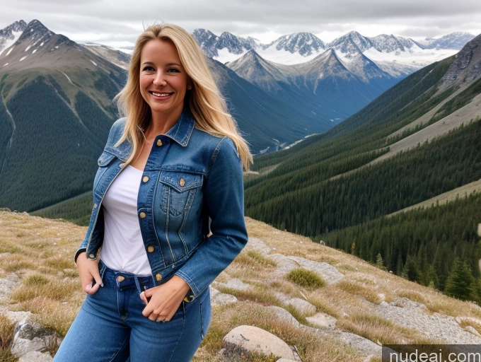 ai nude image of blond woman in denim jacket standing on rocky mountain with mountains in background pics of Model One Perfect Boobs 40s Happy Mountains Front View Jeans Long Hair Jacket Blouse Blonde Swedish