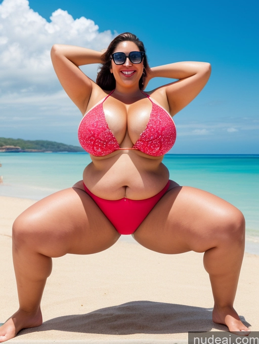 ai nude image of araffe woman in a pink bikini posing on a beach pics of Woman One Busty Huge Boobs Sunglasses Lipstick Big Ass Chubby Fat 20s Happy Brunette Pigtails White Illustration Beach Front View T-pose Bikini Detailed