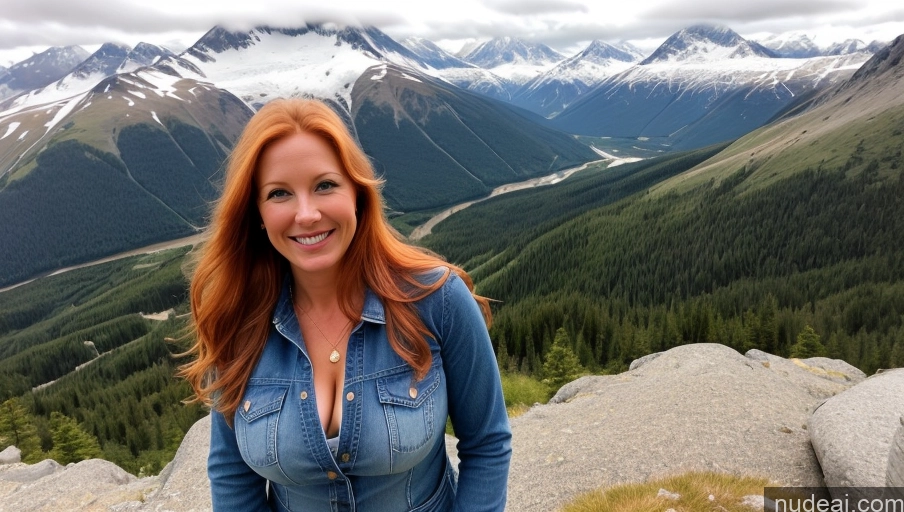 ai nude image of smiling woman standing on a mountain top with a valley in the background pics of Model One Perfect Boobs 40s Happy Mountains Front View Jeans Long Hair Jacket Blouse Swedish Cleavage Ginger