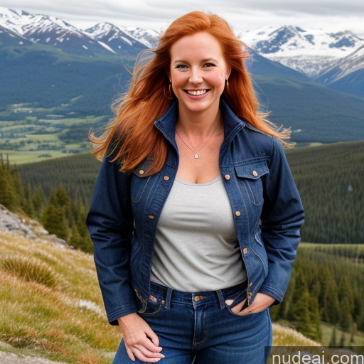 ai nude image of smiling woman in denim jacket standing on a mountain top with mountains in the background pics of Model One Perfect Boobs 40s Happy Mountains Front View Jeans Long Hair Jacket Blouse Swedish Ginger