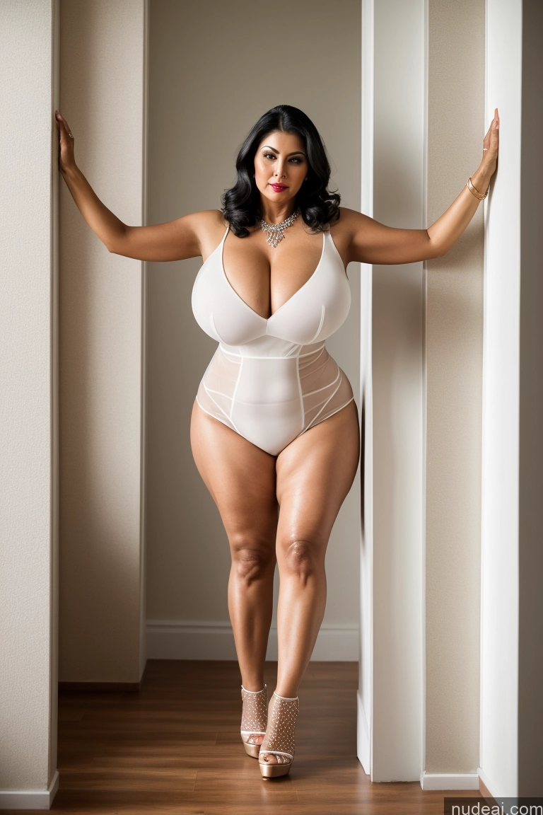 ai nude image of araffe woman in a white bodysuit posing in a doorway pics of Milf Busty Huge Boobs Big Ass Thick Big Hips Long Legs 80s Sexy Face Pouting Lips Black Hair Straight Indian Front View Wedding High Heels Transparent Bright Lighting Simple