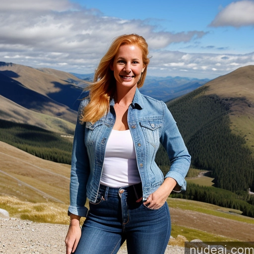 ai nude image of smiling woman in jeans standing on a mountain top with a view of mountains pics of Model One Perfect Boobs 40s Happy Mountains Front View Jeans Long Hair Jacket Blouse Irish Blonde