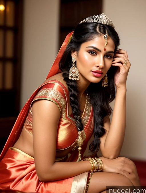 ai nude image of arafed woman in a red and gold sari sitting on a red carpet pics of Beautiful Lipstick Oiled Body 18 Pouting Lips Black Hair Indian Traditional Wedding Diamond Jewelry Gold Jewelry Jewelry Pearl Jewelry Bright Lighting Sexy Face Sari Angel Vintage Miss Universe Model Braided Casual