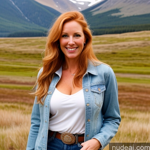 ai nude image of smiling woman in a field with mountains in the background pics of One Perfect Boobs Mountains Front View Jeans Long Hair Jacket Blouse Blonde 40s Happy Model Western Irish