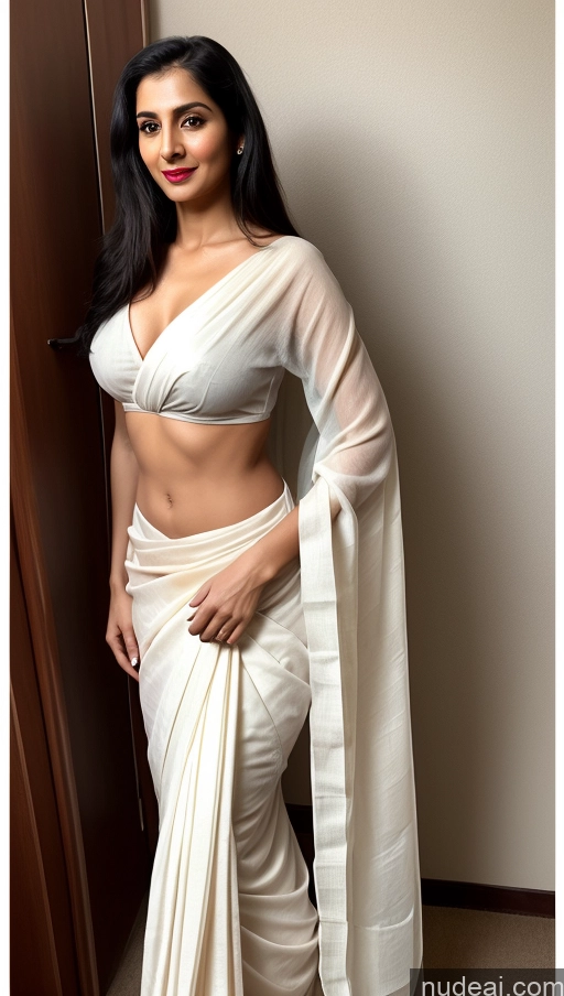 ai nude image of araffed woman in a white sari posing for a picture pics of Woman One Small Tits Lipstick Small Ass Abs Tall Pubic Hair Fairer Skin Black Hair Long Hair Indian 30s Sari