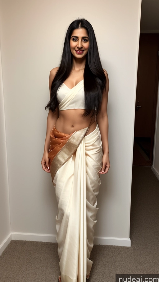 ai nude image of araffe woman in a white sari posing for a picture pics of Woman One Small Tits Lipstick Small Ass Abs Tall Pubic Hair Fairer Skin Black Hair Long Hair Indian 30s Sari