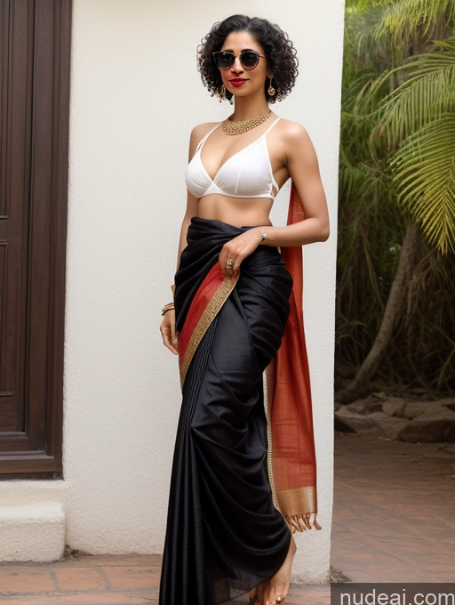 ai nude image of araffe woman in a black sari and sunglasses posing for a picture pics of Woman One Small Tits Lipstick Small Ass Abs Tall Pubic Hair Fairer Skin Black Hair Indian 30s Sari Sunglasses Curly Hair