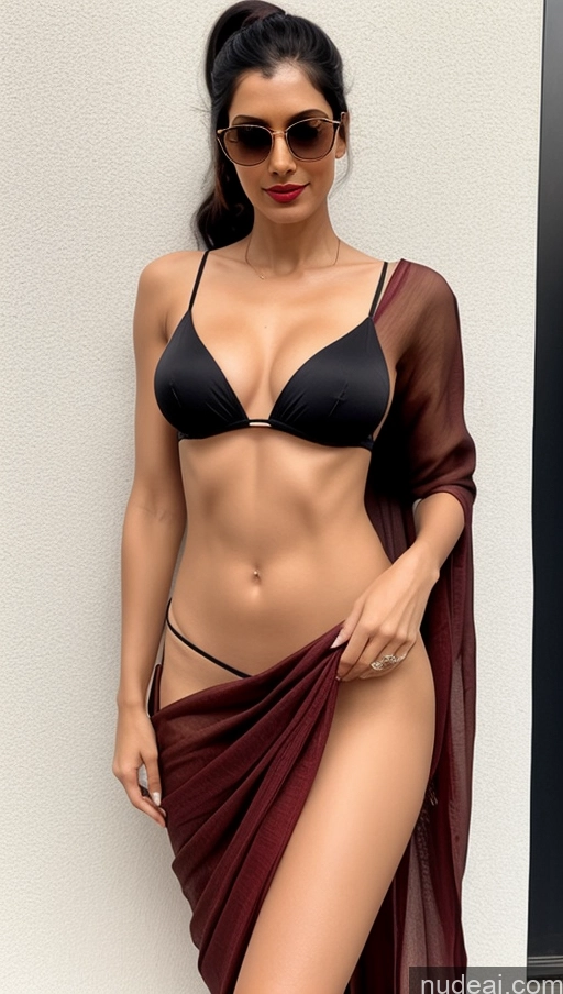 ai nude image of araffed woman in a black bikini and a brown sarong pics of Woman One Lipstick Abs Tall Pubic Hair Fairer Skin Black Hair Indian 30s Sari Sunglasses Beautiful Perfect Boobs Small Ass Perfect Body Ponytail