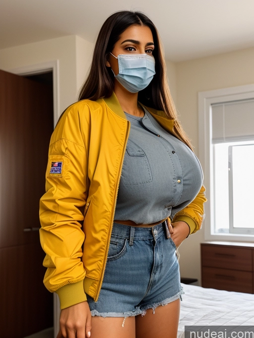 ai nude image of arafed woman wearing a mask and jacket standing in a bedroom pics of Woman One Busty Huge Boobs Perfect Boobs Beautiful Big Ass Long Legs Tall Arabic Middle Eastern White 3d Bedroom Front View Side View Back View Looking At Sky 90s Bomber Construction Worker Face Mask