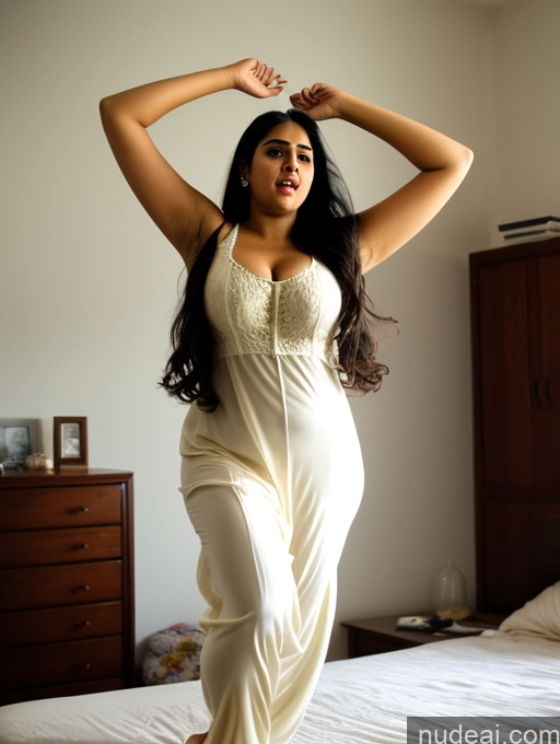 ai nude image of there is a woman in a white dress standing on a bed pics of Model Busty Big Ass Thick Short Shocked Black Hair Long Hair Indian Bedroom Film Photo Front View Jumping Salwar Fat Perfect Boobs 18