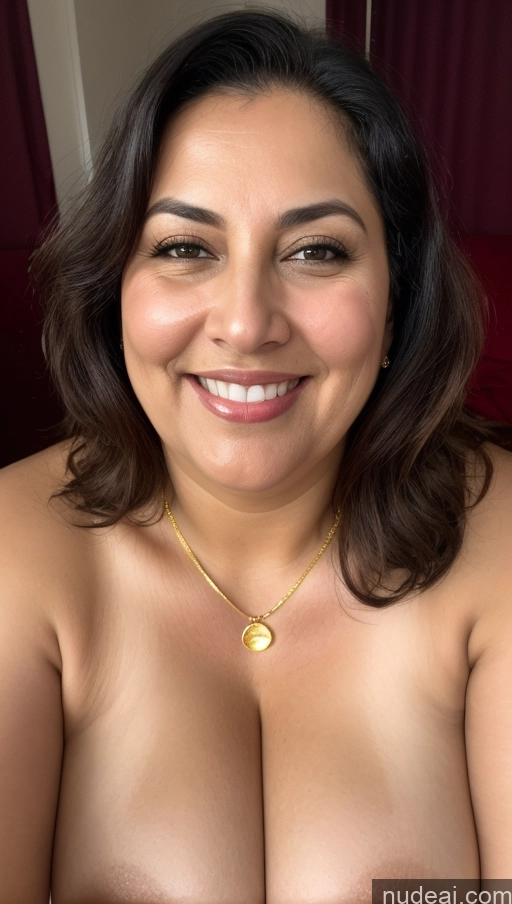 ai nude image of arafed woman with a big breast smiling and posing for a picture pics of Milf One Busty Chubby Fat Happy Black Hair Straight Indian Front View Nude Gold Jewelry Bright Lighting Cumshot 50s Sad