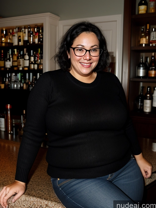 ai nude image of smiling woman sitting on a bar with bottles of wine behind her pics of Wife Or Girlfriend Busty Glasses Big Ass Fat Big Hips Short Pubic Hair Hairy Women Beer Belly 50s Happy Black Hair Bobcut British Bar Jeans Sweater