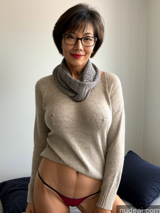 ai nude image of arafed woman in glasses and a sweater posing on a bed pics of Milf Perfect Boobs Perfect Body Pubic Hair Beautiful Glasses Lipstick 60s Sexy Face Short Hair Chinese Bedroom Spreading Legs Casual Stylish Professor Secretary Sweater Partially Nude Dark Lighting Detailed Scarf Topless