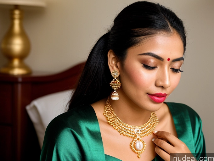 ai nude image of araffe woman in green dress putting on a necklace with pearls pics of Woman Beautiful Lipstick Oiled Body 18 Pouting Lips Ponytail Vintage Angel Sari Traditional Wedding Diamond Jewelry Gold Jewelry Jewelry Pearl Jewelry Bright Lighting Sexy Face Orgasm Thai