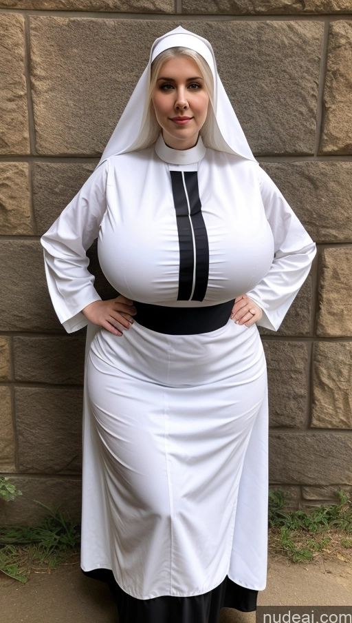 ai nude image of araffe dressed in a nun costume standing in front of a brick wall pics of Huge Boobs Busty Perfect Boobs Big Ass Thick Big Hips Perfect Body Fairer Skin White Hair Long Hair Western 20s Nun