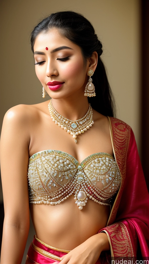 ai nude image of arafed woman in a red and gold outfit with a necklace and earrings pics of Woman Beautiful Lipstick Oiled Body 18 Pouting Lips Ponytail Vintage Angel Sari Traditional Wedding Diamond Jewelry Gold Jewelry Jewelry Pearl Jewelry Bright Lighting Sexy Face Orgasm Japanese