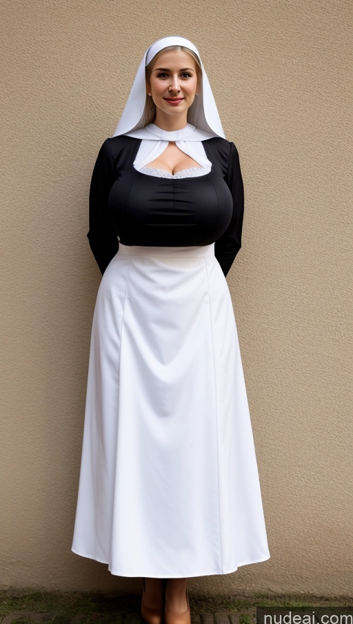 ai nude image of arafed woman in a nun costume standing against a wall pics of Huge Boobs Busty Perfect Boobs Big Ass Thick Big Hips Perfect Body Fairer Skin White Hair Long Hair Western Nun Partially Nude Dirndl Traditional