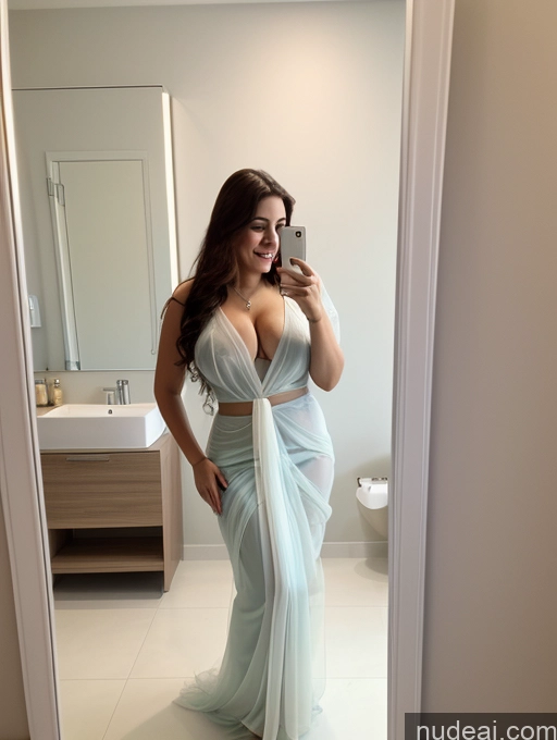 ai nude image of there is a woman taking a picture of herself in a mirror pics of Woman One Busty Beautiful Chubby Short Pubic Hair Fairer Skin 30s Laughing Ginger Long Hair British Mirror Selfie Bathroom Front View Cumshot Transparent Bright Lighting Sari