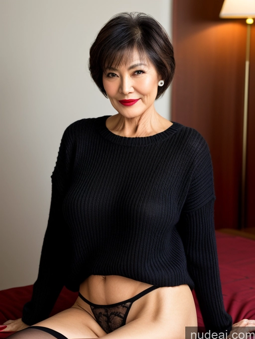 ai nude image of there is a woman in a black sweater and panties sitting on a bed pics of Milf Perfect Boobs Lipstick Chinese Pubic Hair Detailed Perfect Body Beautiful Short Hair Sweater Partially Nude Spreading Legs Stockings Stylish Dark Lighting 70s