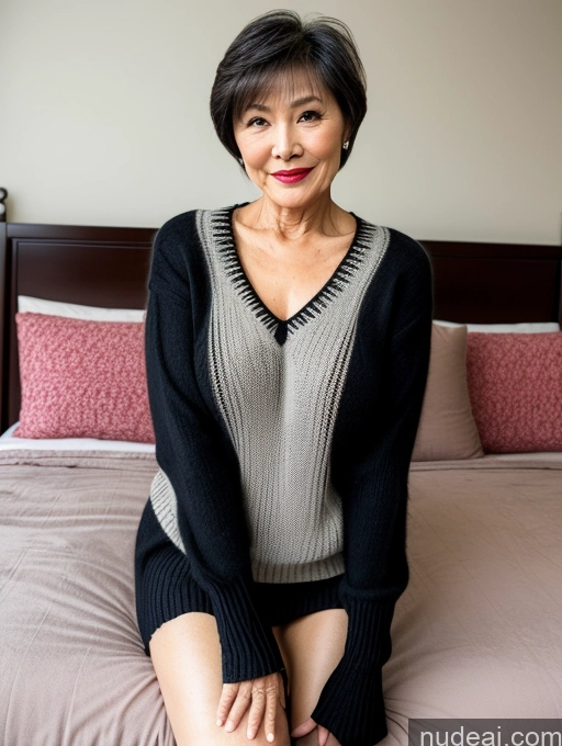 ai nude image of arafed woman sitting on a bed with a black sweater and a pink pillow pics of Milf Perfect Boobs Lipstick Chinese Pubic Hair Detailed Perfect Body Beautiful Short Hair Sweater Spreading Legs Stockings Stylish Dark Lighting 70s Casual Bedroom