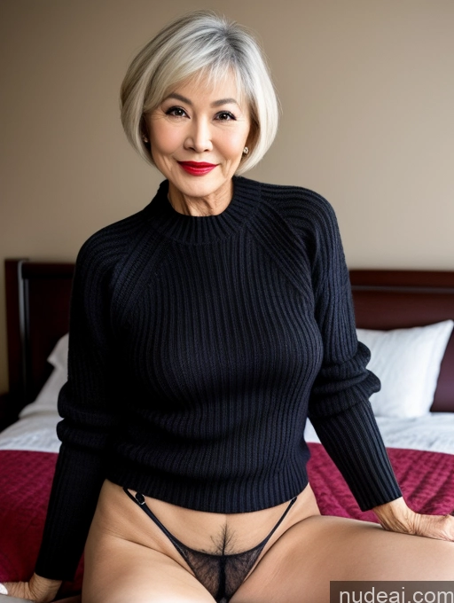 ai nude image of there is a woman in a black sweater and panties posing on a bed pics of Milf Perfect Boobs Lipstick Chinese Pubic Hair Detailed Perfect Body Beautiful Short Hair Sweater Spreading Legs Stockings Stylish Dark Lighting 70s Casual Bedroom