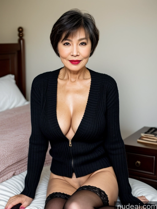 ai nude image of there is a woman sitting on a bed with stockings on pics of Milf Perfect Boobs Lipstick Chinese Pubic Hair Detailed Perfect Body Beautiful Short Hair Sweater Spreading Legs Stockings Stylish Dark Lighting 70s Casual Bedroom Cleavage Topless