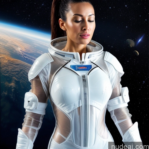 ai nude image of arafed woman in a white space suit with a blue label on her chest pics of Perfect Body 30s Orgasm Brunette Ponytail Transparent Space Suit Sci-fi Armor Nigerian Bending Over