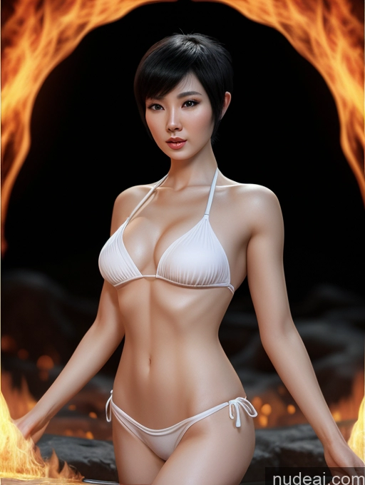 ai nude image of arafed woman in a white bikini posing in front of a fire pics of Perfect Body Fairer Skin Woman 20s Black Hair Pixie 3d Chinese Hell Bikini