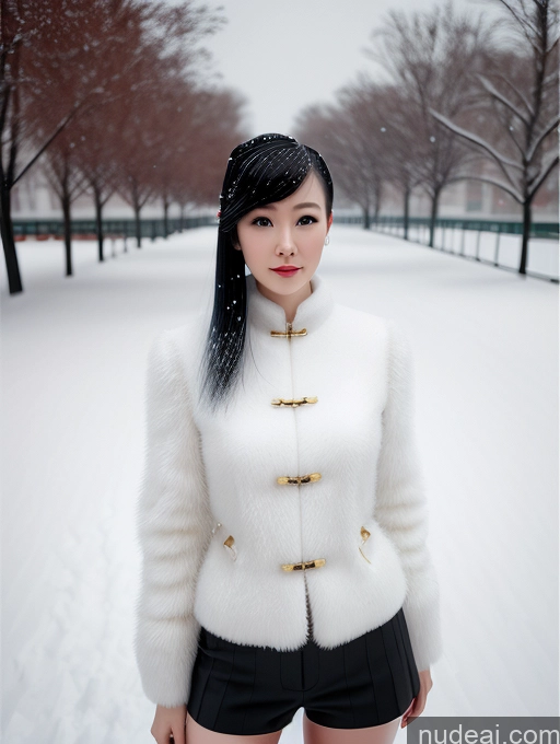 ai nude image of araffe woman in white jacket and black shorts standing in snow pics of Perfect Body Fairer Skin Woman 20s Black Hair Pixie 3d Chinese Snow Teacher