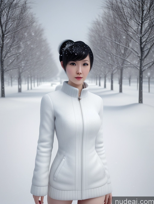 ai nude image of there is a woman in a white jacket and hat standing in the snow pics of Perfect Body Fairer Skin Woman 20s Black Hair Pixie 3d Chinese Snow Professor