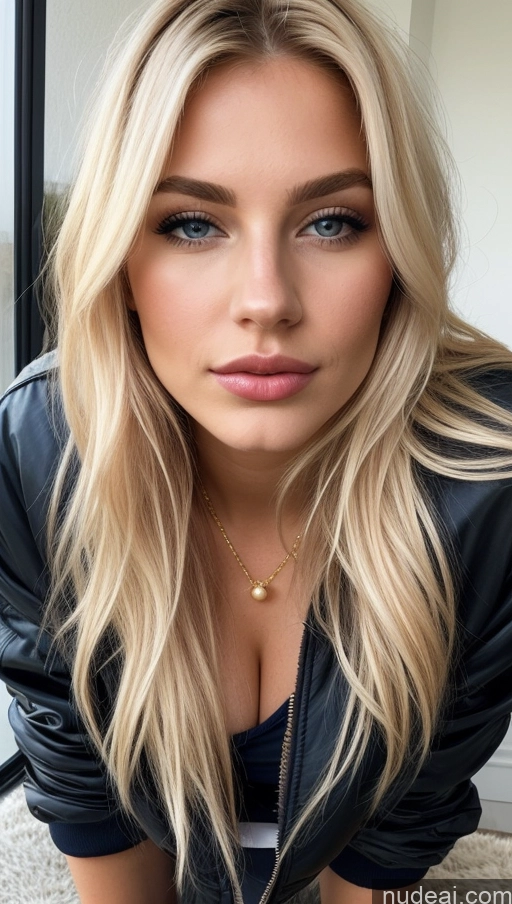 ai nude image of a close up of a woman with long blonde hair and a black jacket pics of Huge Boobs Perfect Body Pubic Hair Lipstick 18 Pouting Lips Blonde Long Hair Scandinavian Bomber Cleavage Gold Jewelry Pearl Jewelry