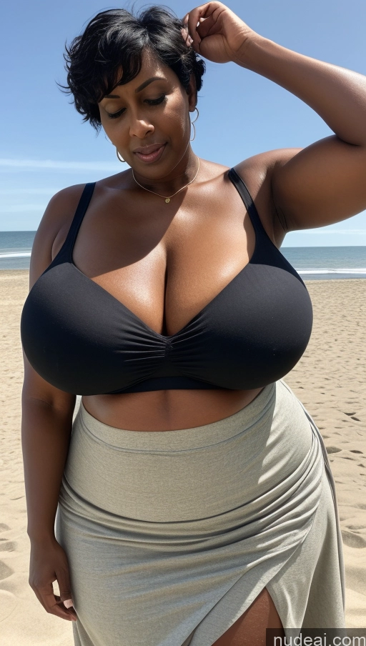 ai nude image of araffe woman in a black bikini top and a gray skirt on the beach pics of Milf Busty Beautiful Big Ass Big Hips Tall 50s Sexy Face Indian Front View T-pose Detailed Dark Skin Beach Muscular Abs Pixie Huge Boobs Long Skirt Bra Orgasm Black Hair Chubby Dark Lighting