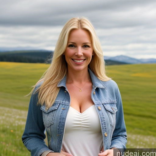 ai nude image of blond woman in a field of flowers and a cloudy sky pics of One Perfect Boobs 40s Happy Long Hair Fairer Skin Swedish Front View Model Jeans Meadow Jacket Blonde Cleavage