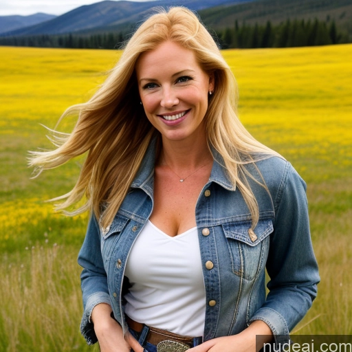 ai nude image of blond woman in a field of yellow flowers with a denim jacket pics of One Perfect Boobs 40s Happy Long Hair Fairer Skin Front View Model Jeans Meadow Jacket Cleavage Blonde Irish Western Shirt