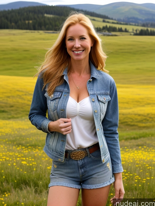 ai nude image of blonde woman in denim jacket and shorts standing in a field of flowers pics of One Perfect Boobs 40s Happy Long Hair Fairer Skin Front View Model Jeans Meadow Jacket Cleavage Blonde Irish Western Shirt