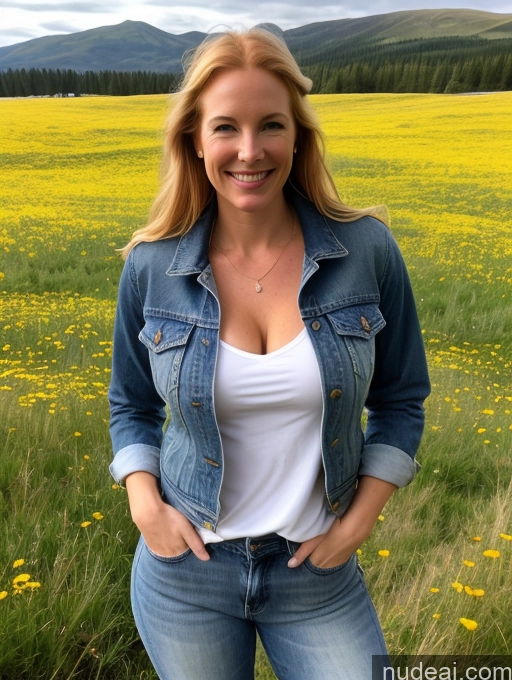 ai nude image of blonde woman in a field of yellow flowers with mountains in the background pics of One Perfect Boobs 40s Happy Long Hair Fairer Skin Front View Model Jeans Meadow Jacket Cleavage Blonde Irish Western Shirt